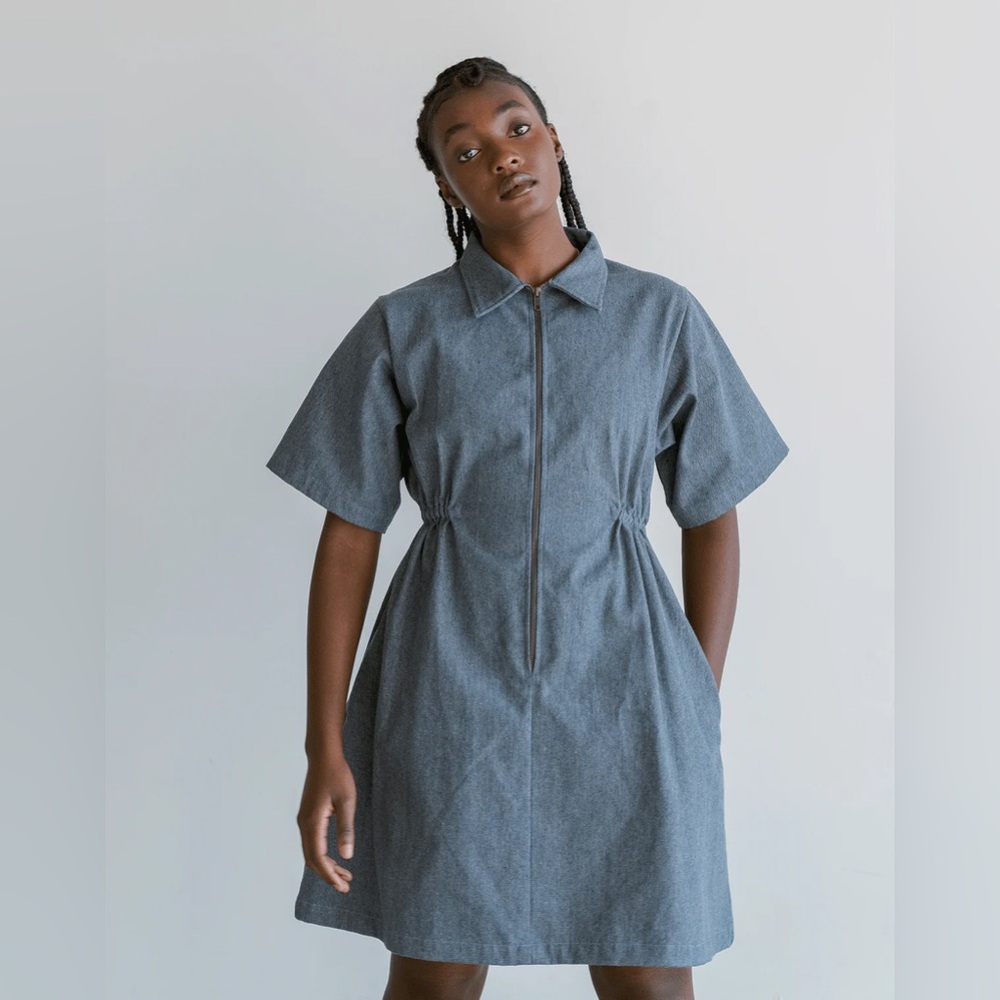 Noble NWT Sz XS Utility Dress in Denim blue zip fit flare upcycled cotton